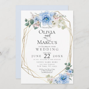 Wedding    Blue Peony Watercolor Flowers Invitation
