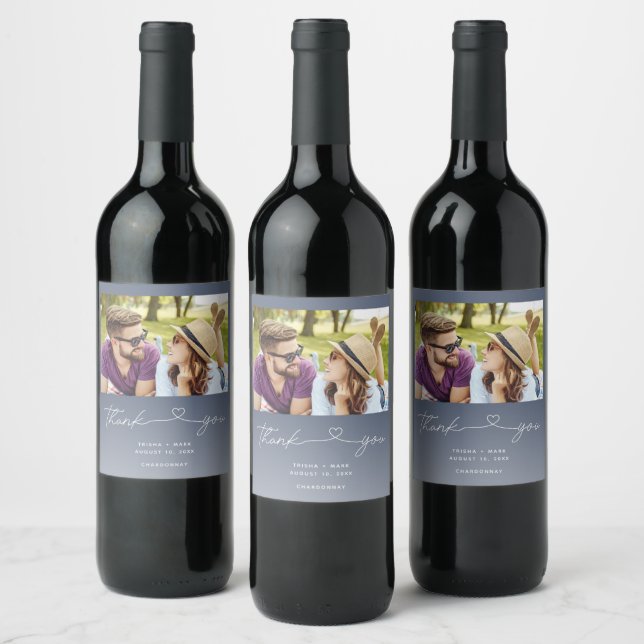Wedding Blue Photo Thank You Favour Wine Label (Bottles)