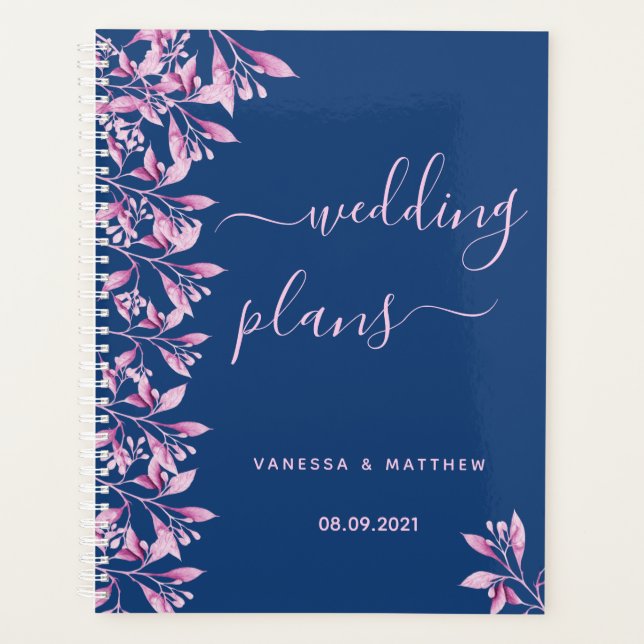 Wedding blue pink fall florals trendy script planner (Front)
