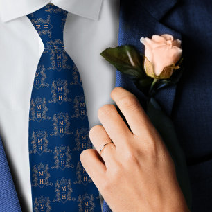 Wedding blue rose gold couple monogram crown crest tie