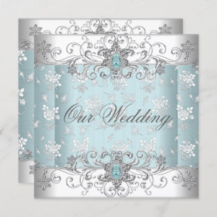 Wedding Blue Silver White Diamond Jewel Lace Invitation