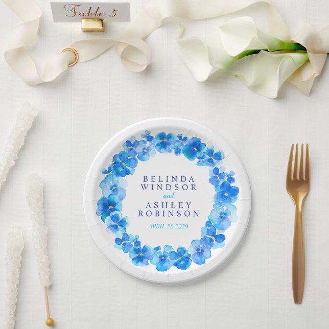 Wedding blue watercolor wreath custom paper plate (Wedding)