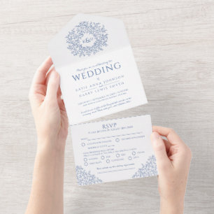 Wedding blue white leaves all in one invitation