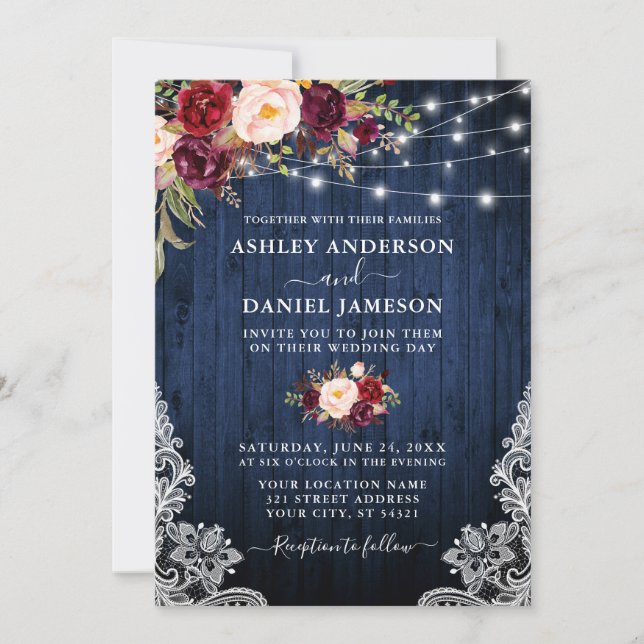 Wedding Blue Wood Burgundy Floral Lights Lace Invitation (Front)