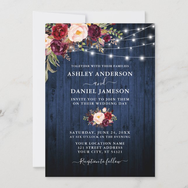 Wedding Blue Wood Burgundy Floral String Lights Invitation (Front)