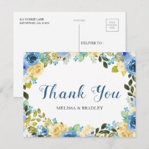 Wedding Blue Yellow Floral Thank You Postcard