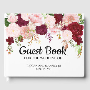 Wedding Blush Burgundy Flower  Watercolor  Guest Book