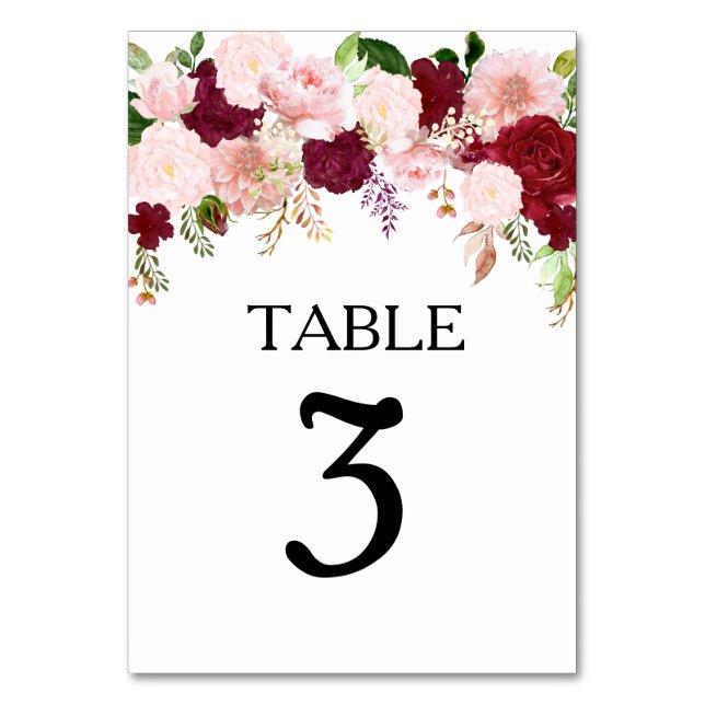 Wedding Blush Burgundy Flower  Watercolor  Table Number (Front)