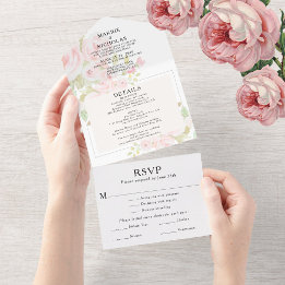Wedding Blush Dusty Pink Rose Floral Watercolor All In One Invitation