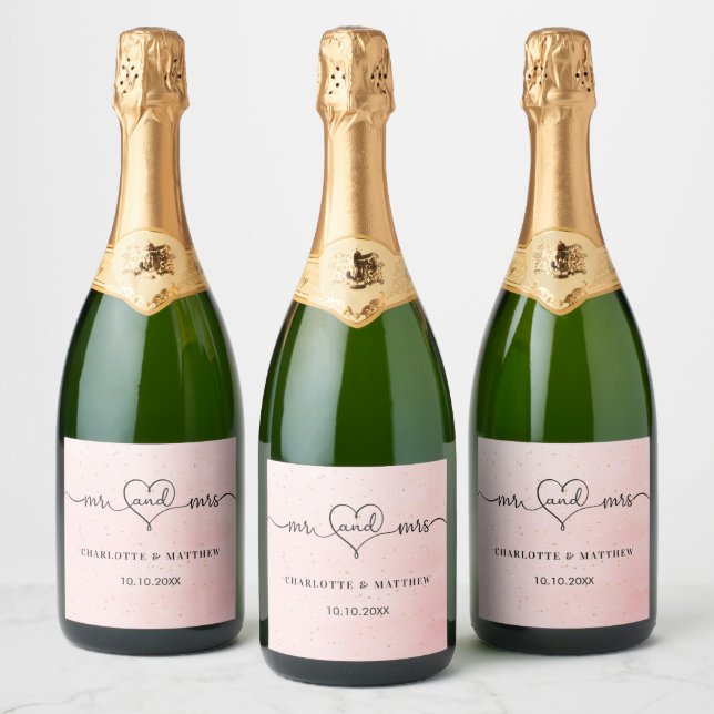 Wedding blush mr mrs heart script sparkling wine label (Bottles)