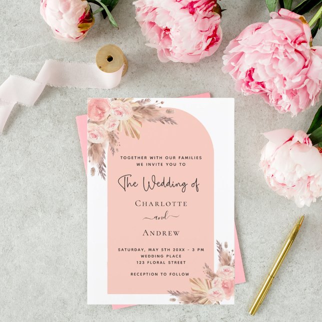 Wedding blush pampas grass rose gold boho invitation (Creator Uploaded)