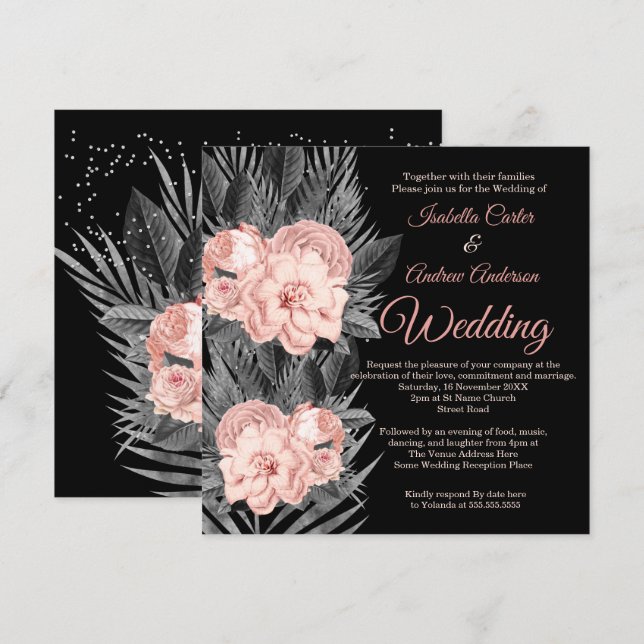 Wedding Blush Peach Charcoal Floral Black Invitation (Front/Back)