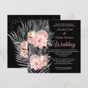 Wedding Blush Peach Charcoal Floral Black Invitation