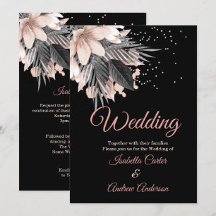 Wedding Blush Peach Pink Charcoal Floral Black Invitation