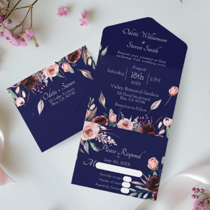 Wedding Blush Pink and Burgundy Floral Navy Blue All In One Invitation