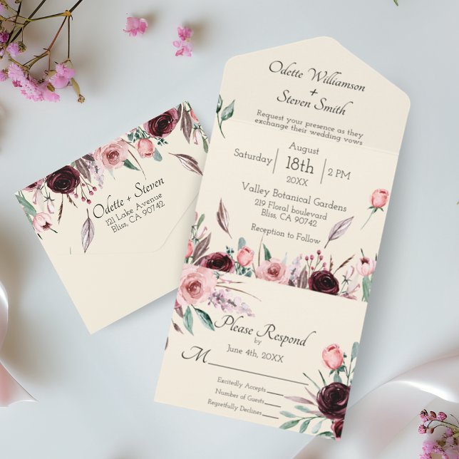 Wedding Blush Pink and Burgundy Floral Roses Cream All In One Invitation (Wedding Blush Pink and Burgundy Floral Roses Cream All In One Invitation)