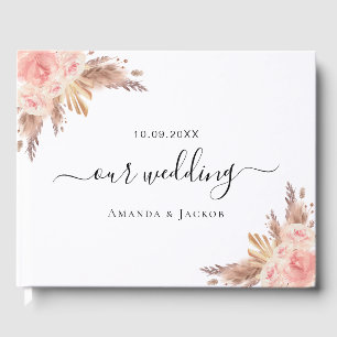 Wedding blush pink floral pampas grass rose gold guest book