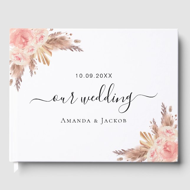 Wedding blush pink floral pampas grass rose gold guest book (Front)