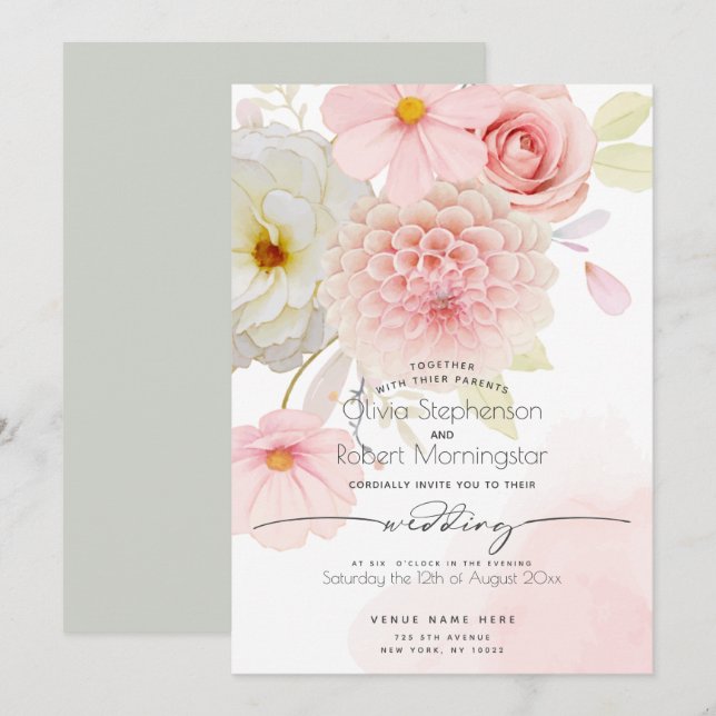 WEDDING  | Blush Pink Ivory Mixed Flowers Invitation (Front/Back)
