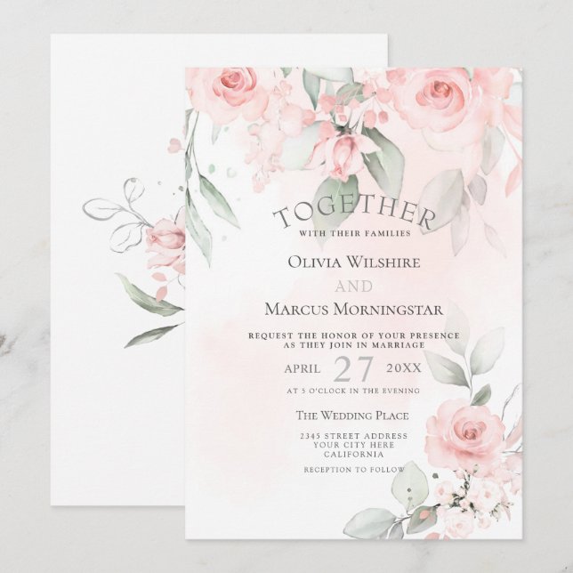 Wedding | Blush Pink Watercolor Floral Roses Invitation (Front/Back)