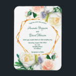 Wedding blush pink white floral invitation magnet<br><div class="desc">Decorated with watercolored large lush roses in white,  blush pink and a bit of blue and coral. Elegant white background. Templates for names name and wedding details. The names is written with a modern and elegant hand lettered style script.  Green coloured letters. With a faux gold geometric frame.</div>
