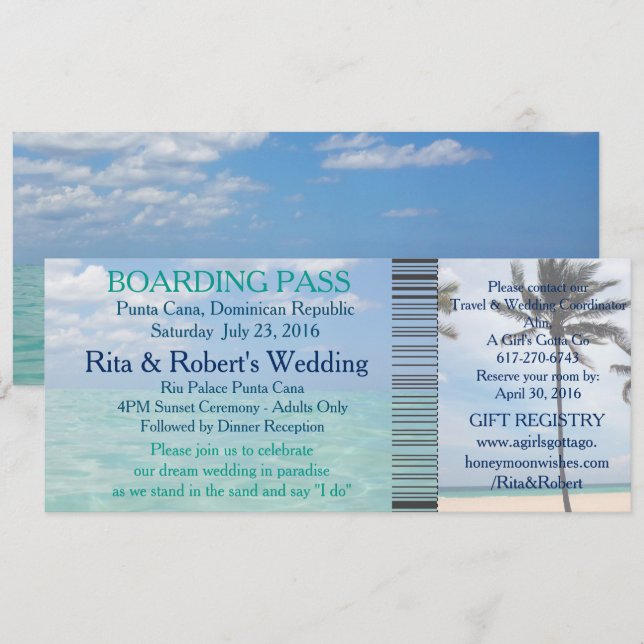 Wedding Boarding Pass Ticket Beach Destination Invitation (Front/Back)