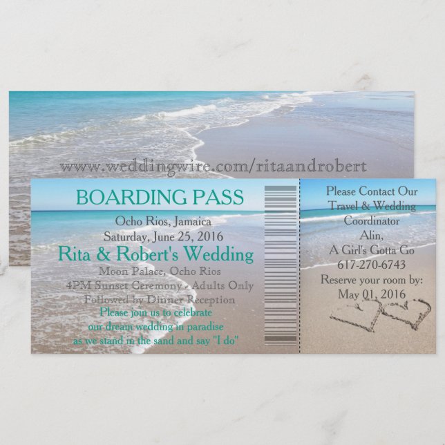 Wedding Boarding Pass Ticket-Destination Hearts Invitation (Front/Back)