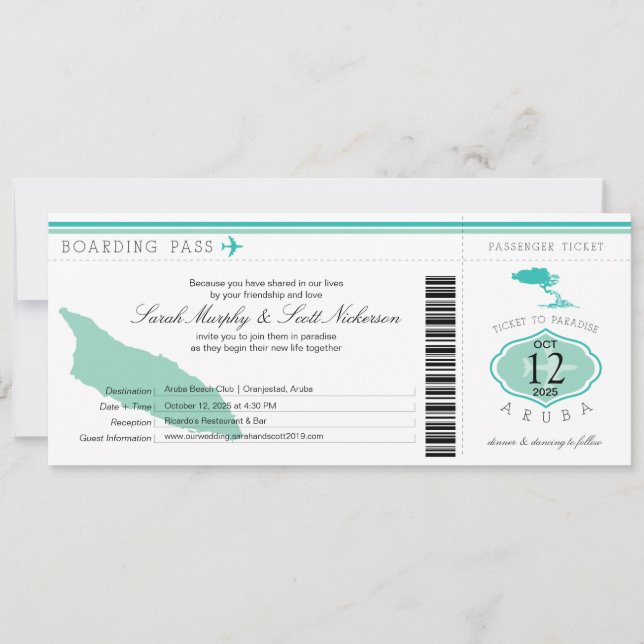 Wedding Boarding Pass to Aruba Invitation (Front)