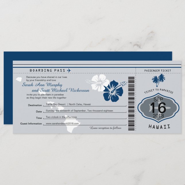 Wedding Boarding Pass to Hawaii Grey and Blue Invitation (Front/Back)