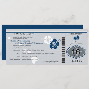 Wedding Boarding Pass to Hawaii Grey and Blue Invitation