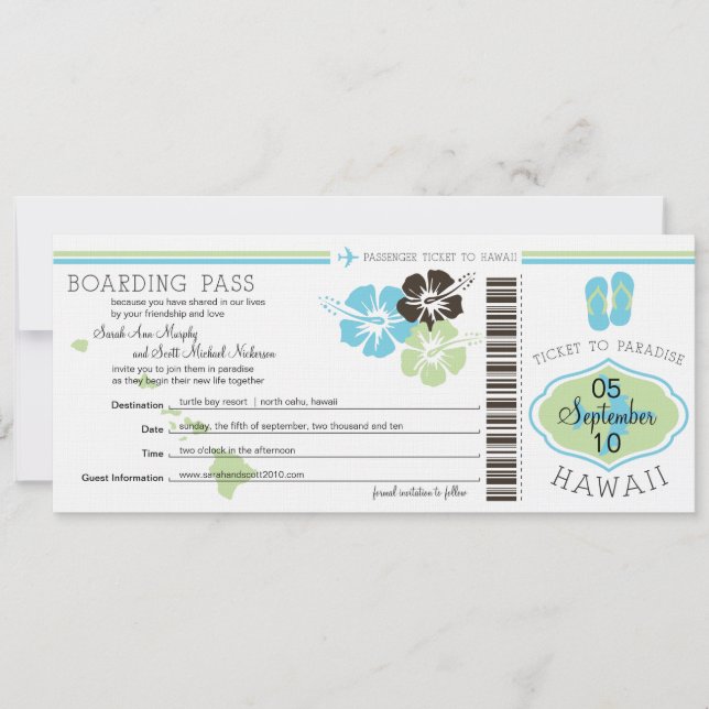 Wedding Boarding Pass to Hawaii Save The Date (Front)