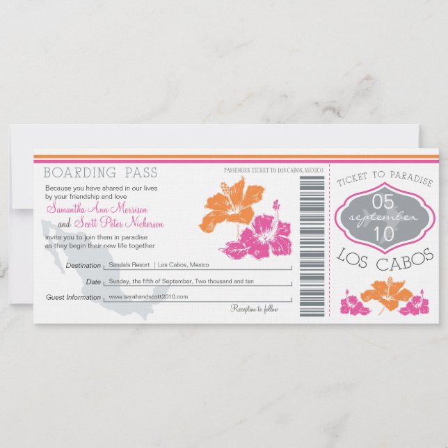 Wedding Boarding Pass to Los Cabos Mexico Invitation (Front)
