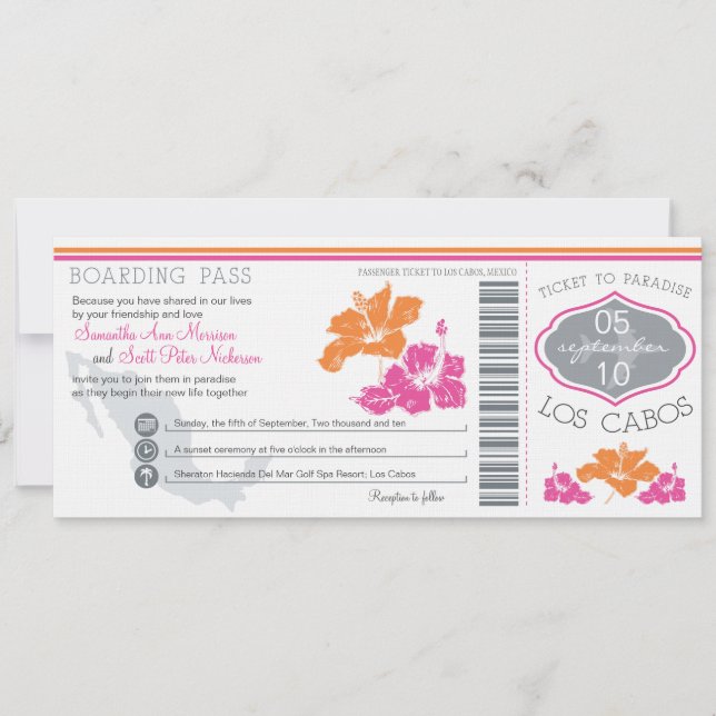 Wedding Boarding Pass to Los Cabos Mexico Invitation (Front)