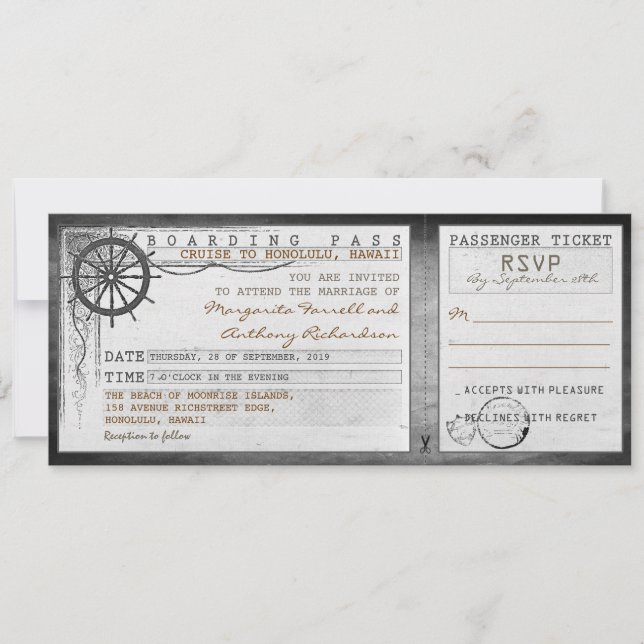 wedding boarding pass-vintage tickets with RSVP Invitation (Front)