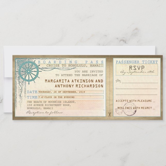 wedding boarding pass-vintage tickets with RSVP Invitation (Front)