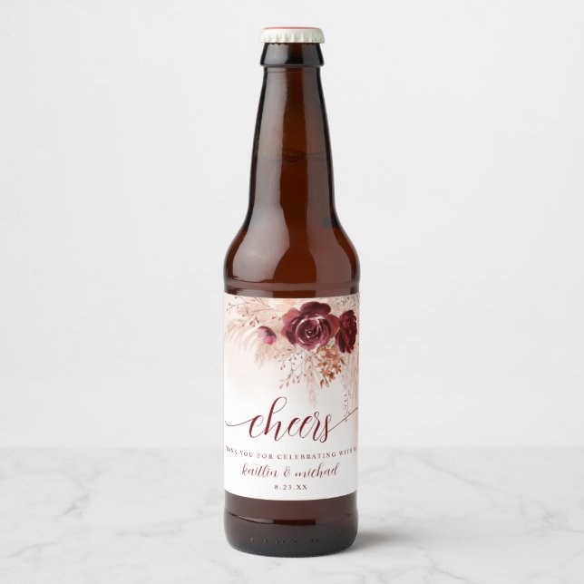 Wedding Boho Pampas Grass Wedding Burgundy Beer Bottle Label (Front)