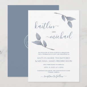 Wedding Boho Vines Simple Leaves Dusty Blue Invitation