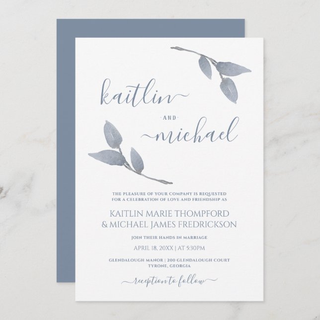 Wedding Boho Vines Simple Leaves Dusty Blue Invitation (Front/Back)