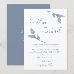 Wedding Boho Vines Simple Leaves Dusty Blue Invitation
