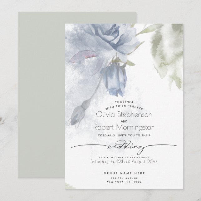 WEDDING  | Boho Watercolor Dusty Blue Rose  Invitation (Front/Back)