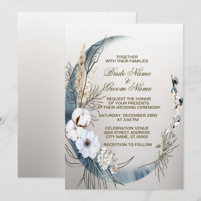 Wedding Boho White Orchid Flowers Blue Moon Party Invitation (Front/Back)