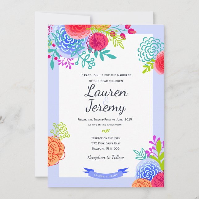 Wedding Bold Colourful Floral Sketch Casual Bouque Invitation (Front)