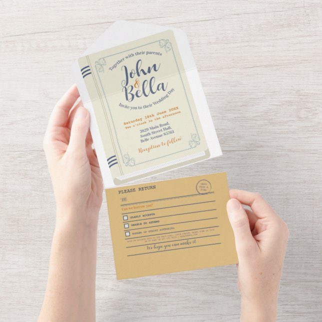 Wedding Book Library Theme Cover Chapter & RSVP All In One Invitation (Tearaway)