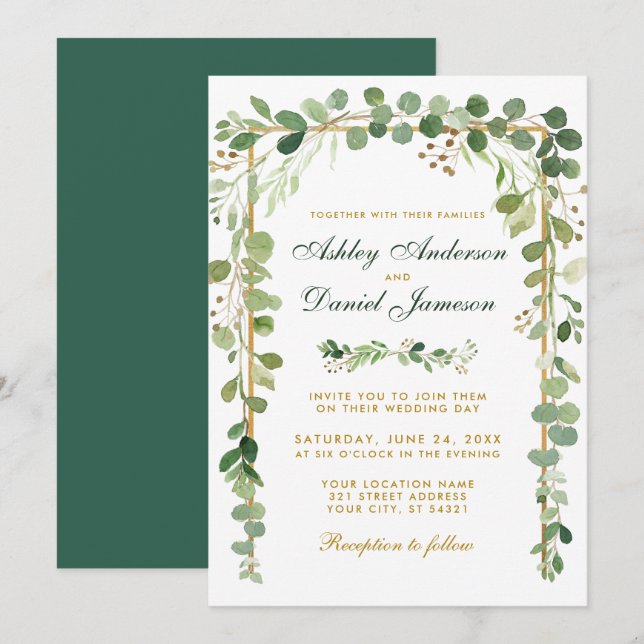 Wedding Botanical Eucalyptus Green Gold Invitation (Front/Back)