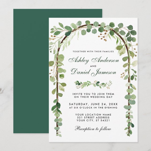 Wedding Botanical Eucalyptus Green Wood Arch Invitation (Front/Back)