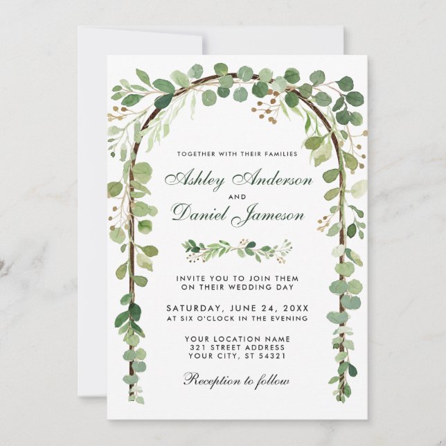 Wedding Botanical Eucalyptus Green Wood Arch W Invitation (Front)