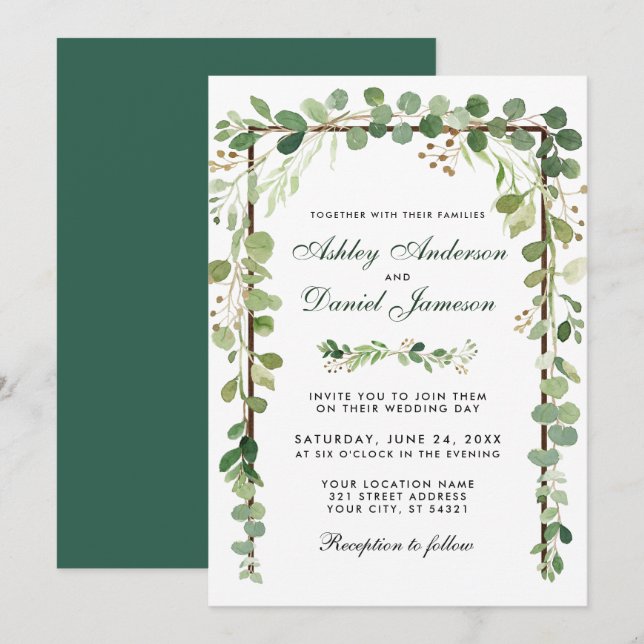Wedding Botanical Wood Eucalyptus Green Invitation (Front/Back)