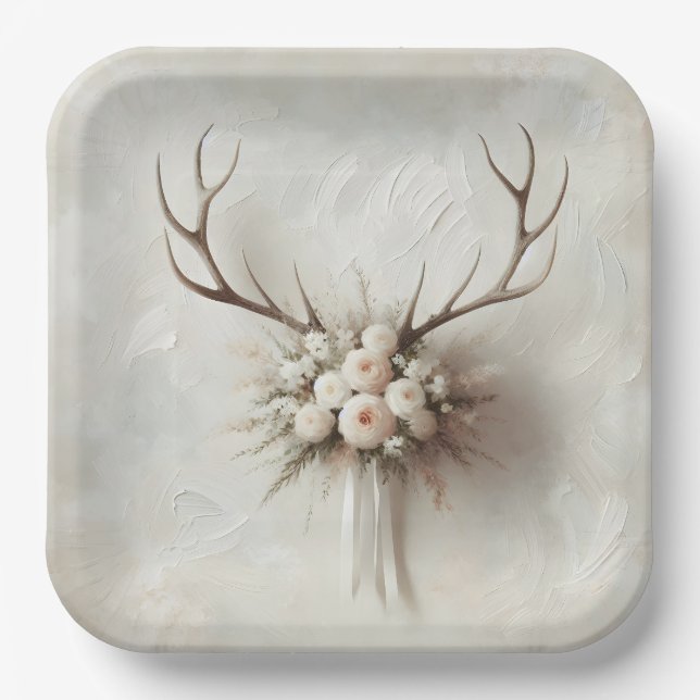 Wedding Bouquet and Deer Antlers Paper Plate (Front)