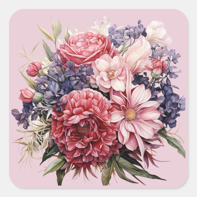 Wedding Bouquet Burgundy Pink Purple Square Sticker (Front)