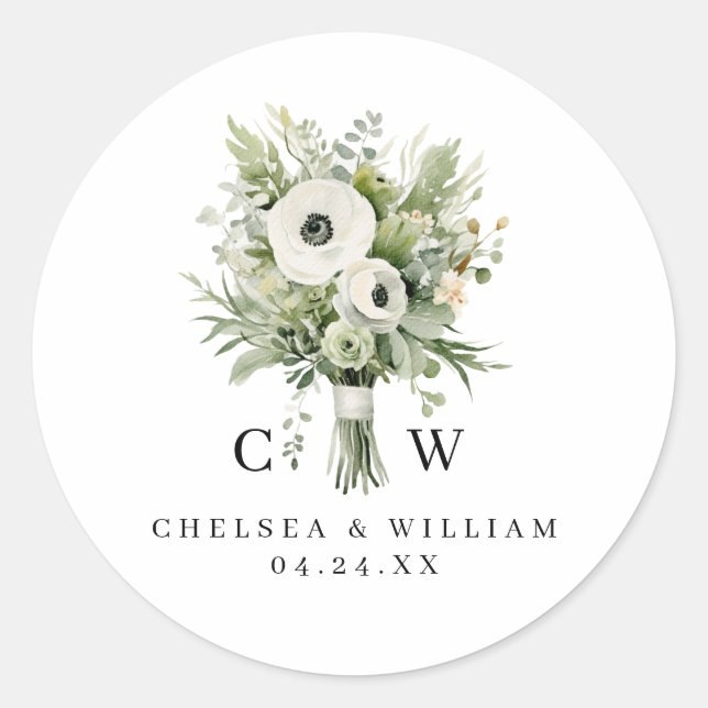 Wedding Bouquet Monogram Classic Round Sticker (Front)